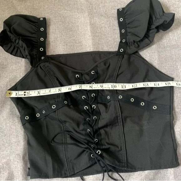 Black Lace Up Goth Grunge Puff Sleeve Blouse - Picture 7 of 7